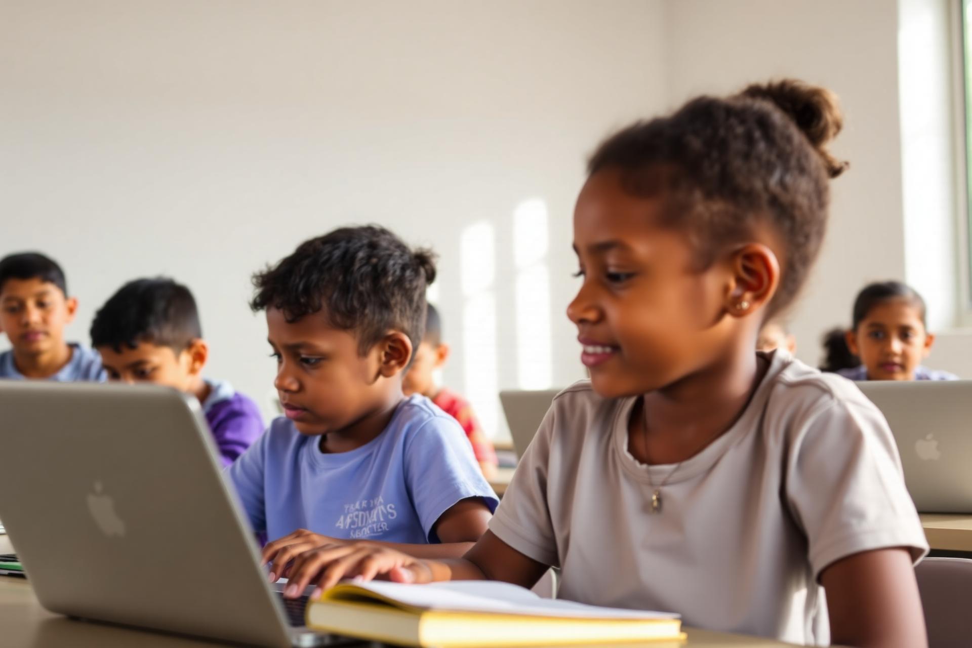 Crianças, jovens e adultos utilizando tecnologia e participando de atividades educativas